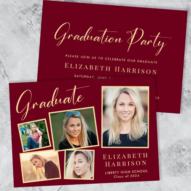 Modern Photo Burgundy Gold Graduation Party Invitation (Our user-friendly template makes it a breeze to upload your photos and personalize your invitation)