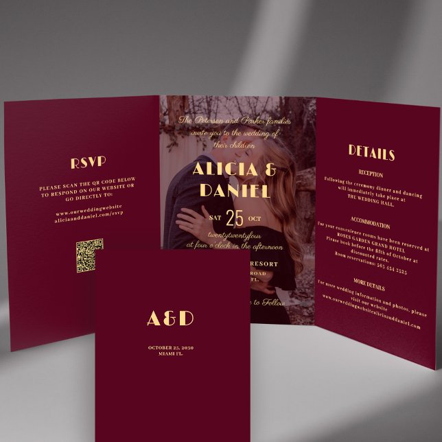 Modern photo burgundy gold rsvp details wedding Tri-Fold invitation (Creator Uploaded)