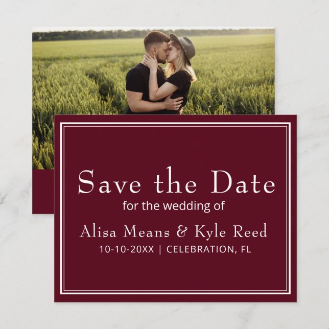 Modern Photo Burgundy Save the Date (Front/Back)