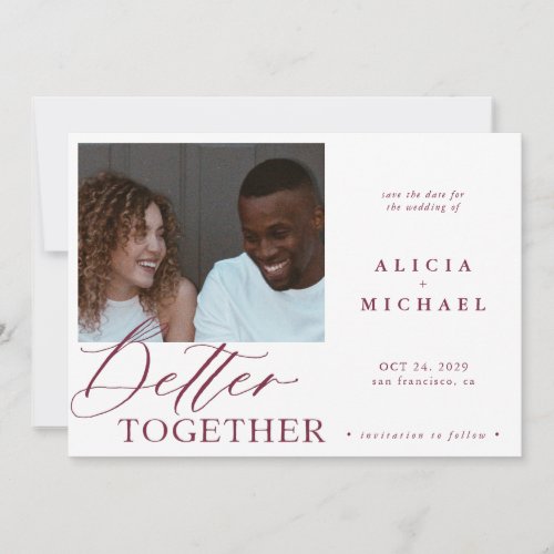 Modern photo burgundy simple script wedding save the date