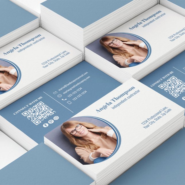Modern Photo Business QR Code  Card (Modern blue and white business cards)