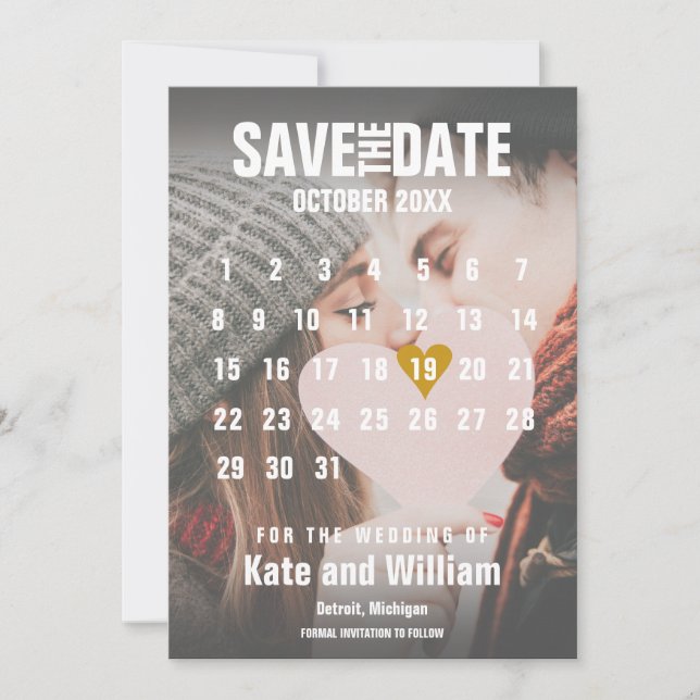 Modern Photo Calendar Chic Gold Love Heart Save The Date (Front)