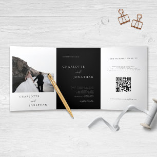 Modern Photo Calligraphy All in One Black Wedding Tri-Fold Invitation