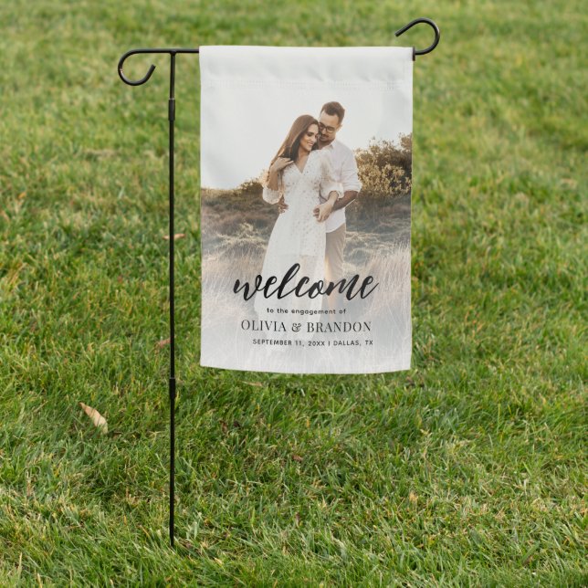 Modern Photo Calligraphy Engagement Party Welcome Garden Flag (In SItu)