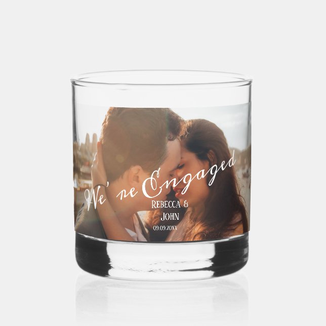 Modern Photo Calligraphy Engagement Wedding  Whiskey Glass (Front)