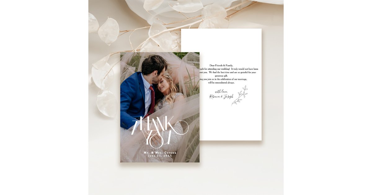 Modern Photo Calligraphy Script Minimalist Wedding Thank You Card | Zazzle