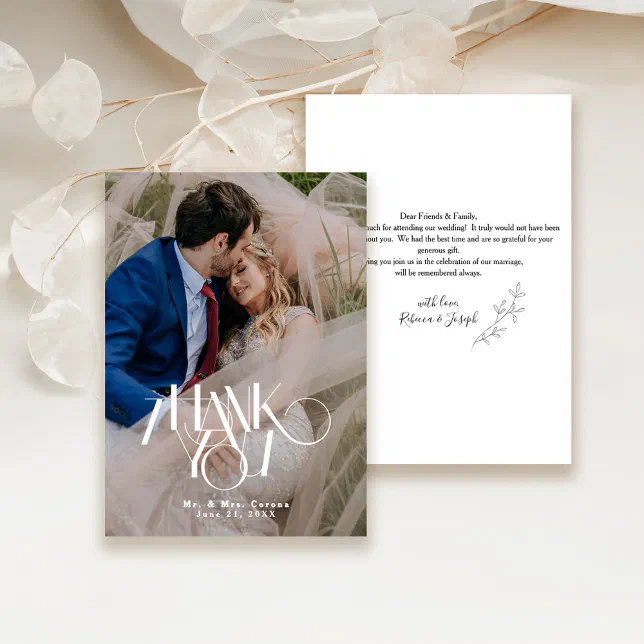 Modern Photo Calligraphy Script Minimalist Wedding Thank You Card | Zazzle