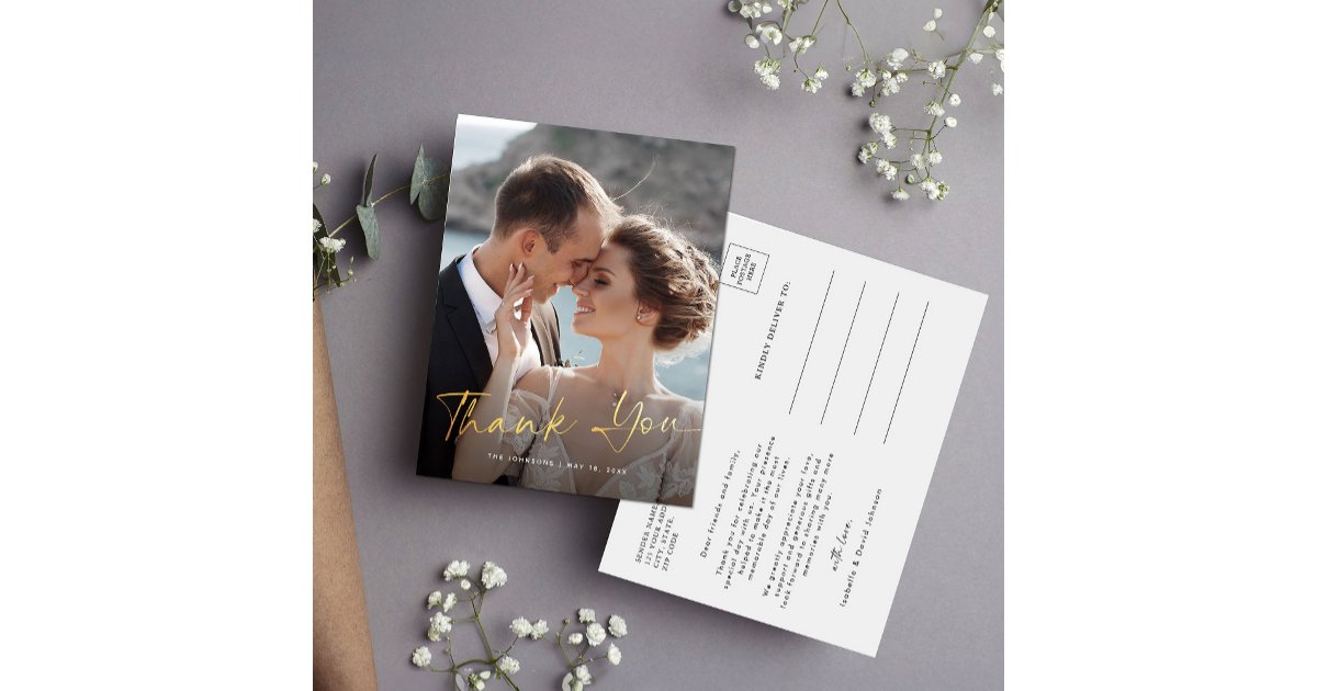 Modern Photo Calligraphy Script Wedding Thank You Postcard | Zazzle