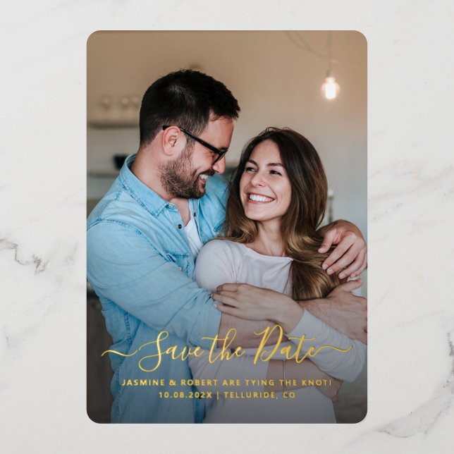 Modern Photo Calligraphy Wedding Save the Date Foil Invitation (Front)