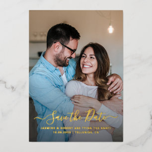 Modern Photo Calligraphy Wedding Save the Date Foil Invitation