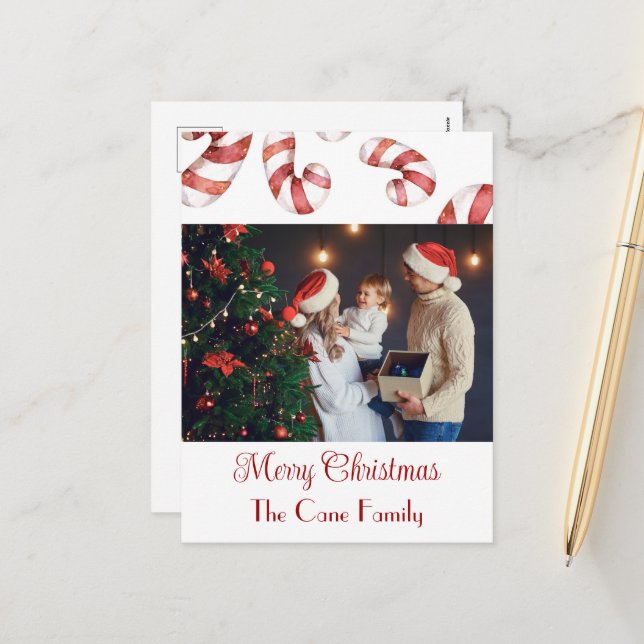 Modern photo Candy cane Christmas Holiday Postcard (Front/Back In Situ)