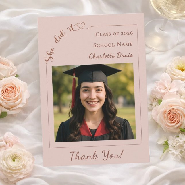 Modern photo champagne Graduation She did it Thank You Card (Creator Uploaded)