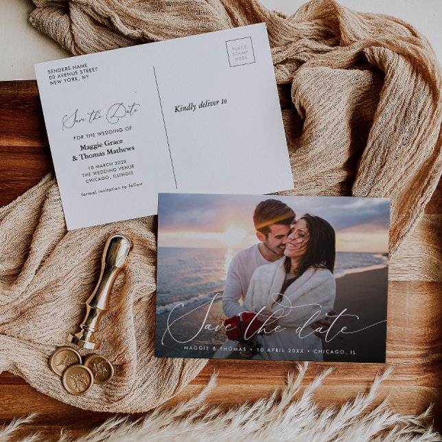 Modern photo chic script wedding save the date postcard (Creator Uploaded)