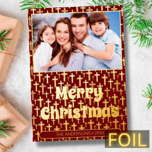 Modern photo Christmas cross elegant red burgundy Foil Holiday Card