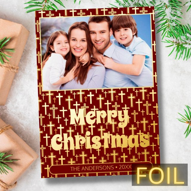 Modern photo Christmas cross elegant red burgundy Foil Holiday Card (Creator Uploaded)