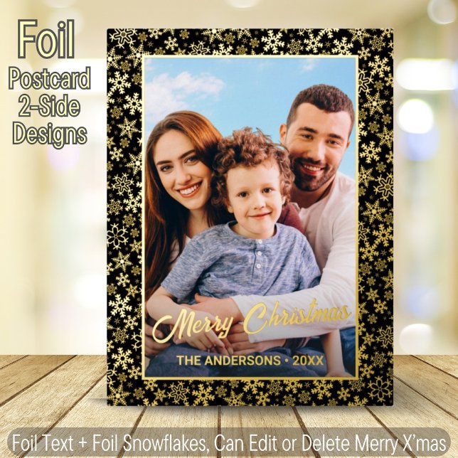Modern photo Christmas elegant black and gold Foil Holiday Postcard (Creator Uploaded)