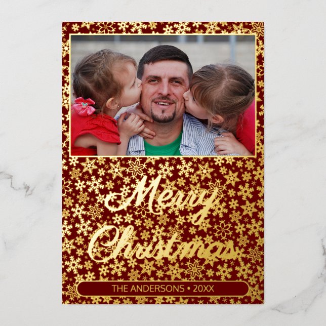 Modern photo Christmas elegant burgundy snowflakes Foil Holiday Card (Front)