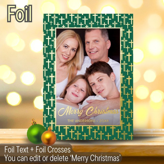 Modern photo Christmas elegant cross script green Foil Holiday Card (Creator Uploaded)