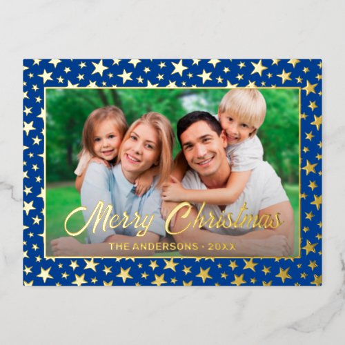 Modern photo Christmas elegant gold star navy blue Foil Holiday Postcard
