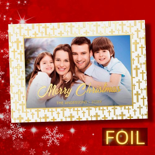 Modern photo Christmas elegant script Jesus cross Foil Holiday Card