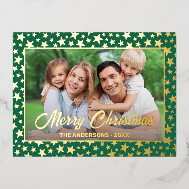Modern photo Christmas elegant script stars green Foil Holiday Postcard (Front)