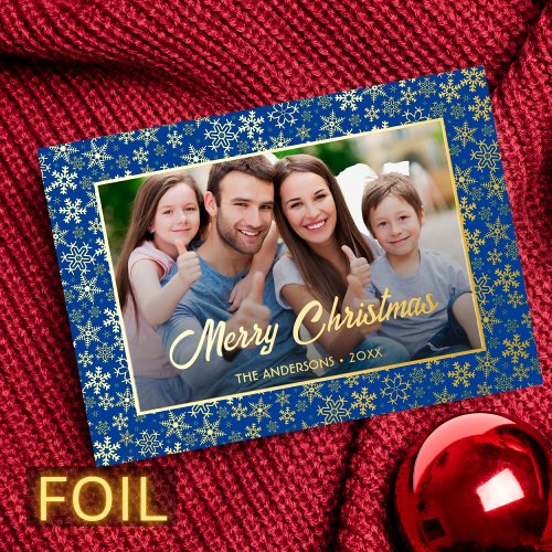 Modern photo Christmas elegant snowflake navy blue Foil Holiday Card