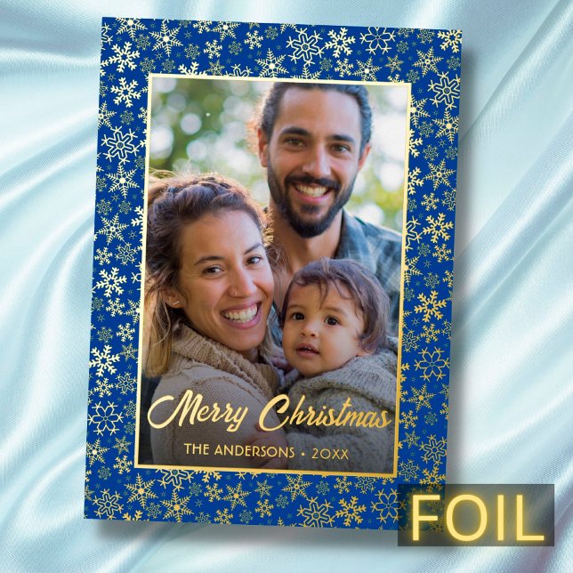 Modern photo Christmas elegant snowflake navy blue Foil Holiday Card (Creator Uploaded)