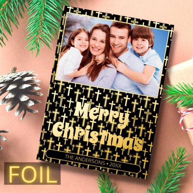 Modern photo Christmas Jesus cross black and gold Foil Holiday Card (Creator Uploaded)