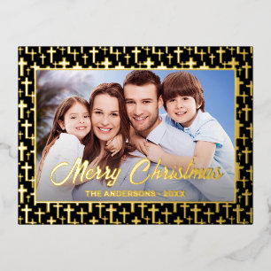 Modern photo Christmas Jesus cross black and gold Foil Holiday Postcard