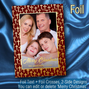 Modern photo Christmas Jesus cross red burgundy Foil Holiday Card