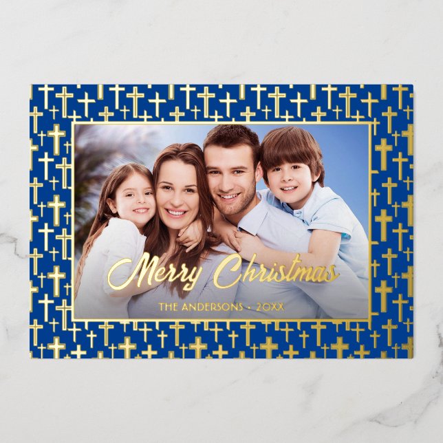 Modern photo Christmas Jesus cross royal blue Foil Foil Holiday Card (Front)