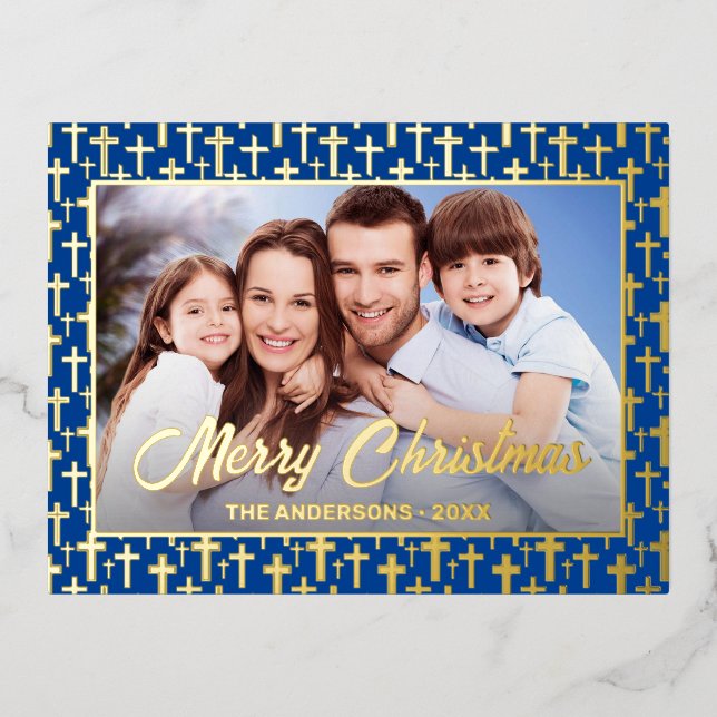 Modern photo Christmas Jesus cross royal blue  Foil Holiday Postcard (Front)