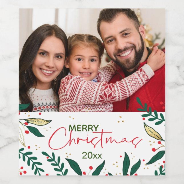 Modern Photo Christmas Red Green Gold Greenery Wine Label (Single Label)