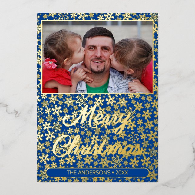 Modern photo Christmas script snowflake navy blue Foil Holiday Card (Front)