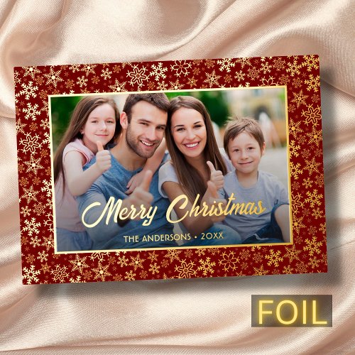 Modern photo Christmas snowflake burgundy and gold Foil Holiday Card