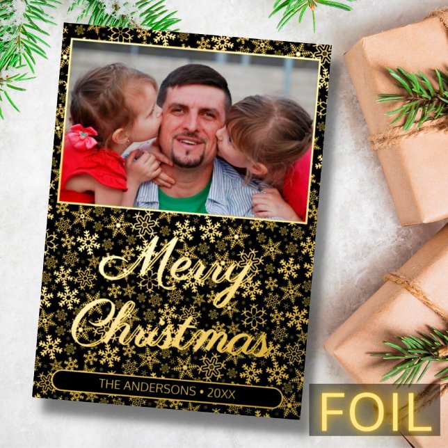 Modern photo Christmas snowflakes black and gold Foil Holiday Card (Creator Uploaded)