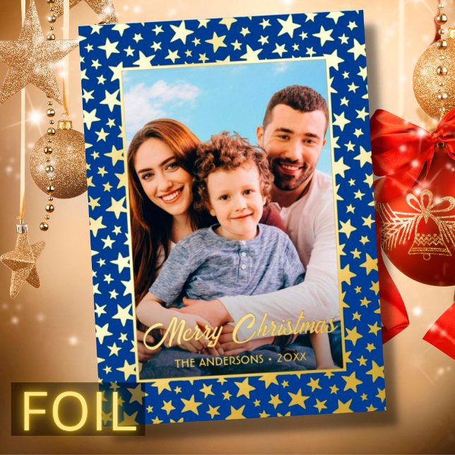Modern photo Christmas stars navy blue script Foil Foil Holiday Card (Creator Uploaded)