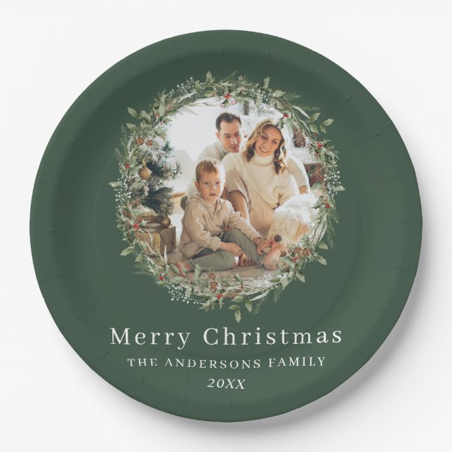 Modern photo Christmas wreath green Paper Plates (Front)