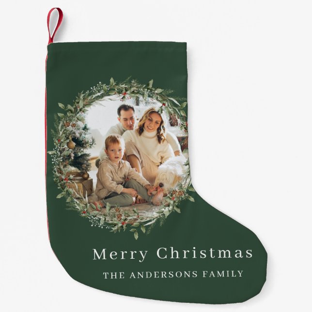 Modern photo Christmas wreath green Small Christmas Stocking (Front)