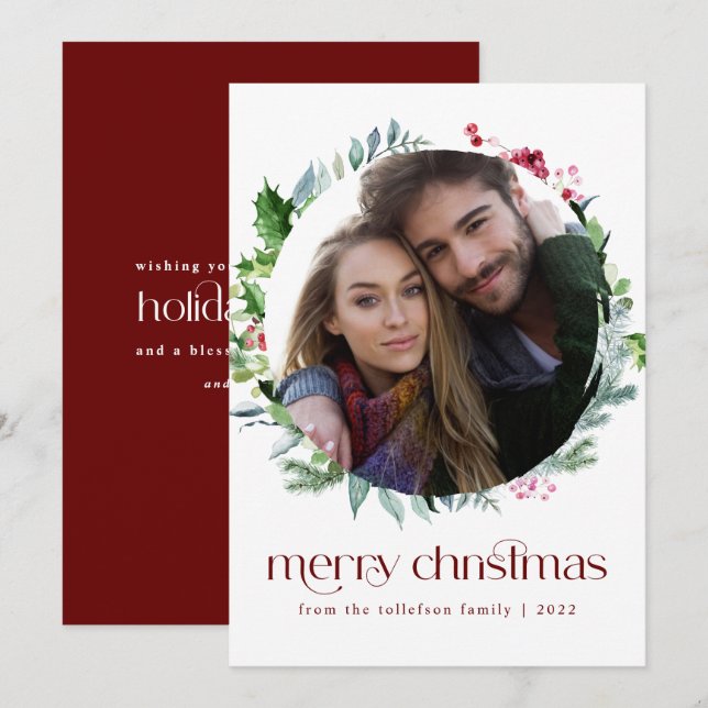 Modern Photo Christmas Wreath Ivy Berries Holiday  (Front/Back)