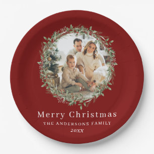 Modern photo Christmas wreath red Paper Plates