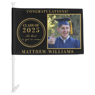 Modern Photo Class of 2025 Black Gold Graduation  Car Flag