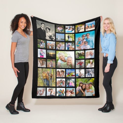 Modern Photo Collage 33 Pics Personalized Black Fleece Blanket - Make a photo collage of 33 photos commemorating a special event or milestone occasion like a graduation, anniversary, birthday, etc. A photo memory blanket makes  a meaningful, thoughtful and memorable gift. PHOTO TIP:  Pre-crop your photos into a square shape or have the subject in the middle BEFORE uploading for fastest, easiest results. NOTE:  Large blankets may often require enlarging your original photo to prevent pixelation/blurriness at the finished size. Zazzle LIVE, free online services and the designer can help you if needed. Add a name, title or any text or simply delete the sample text over the center photo to leave the text area blank. CHANGES:  Change the BLACK background color or change, move, add, delete text or change the text font style by clicking on CUSTOMIZE FURTHER. Contact the designer via Zazzle Chat or makeitaboutyoustore@gmail.com if you'd like this design modified, on another product or would like coordinating items.