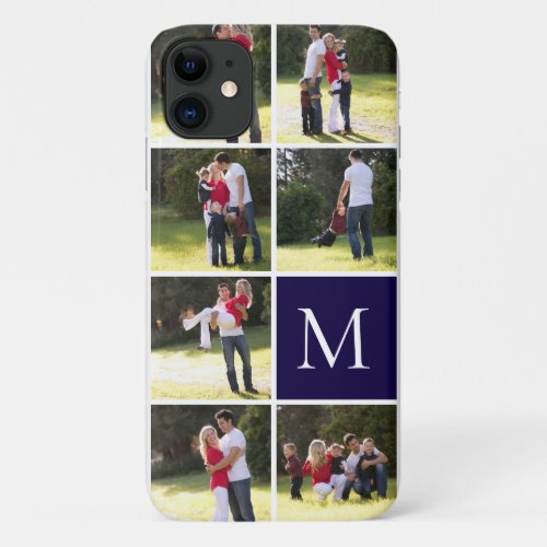 Modern photo collage and monogram navy blue iPhone 11 case