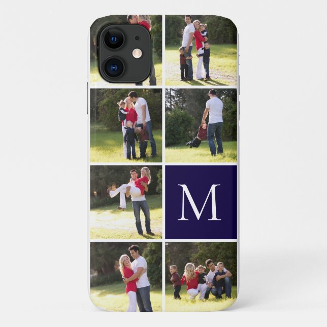 Modern photo collage and monogram navy blue Case-Mate iPhone case (Back)