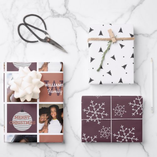 Modern Photo Collage And Silver Snowflakes Mauve Wrapping Paper Sheets