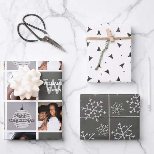 Modern Photo Collage And Silver Snowflakes Wrapping Paper Sheets