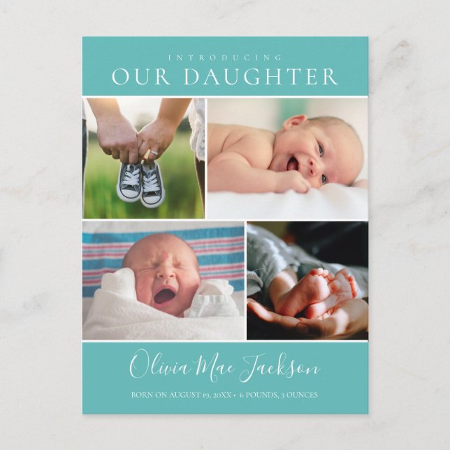 Modern Photo Collage Baby Announcement Postcard (Front)