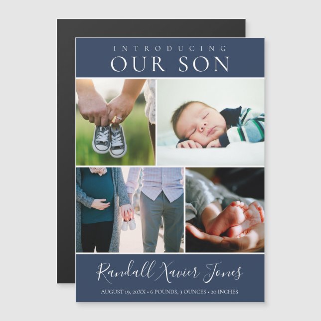 Modern Photo Collage Baby Boy Magnetic Invitation (Front/Back)