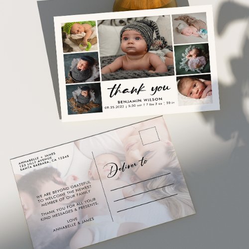 Modern Photo Collage Baby Thank You Announcement Postcard